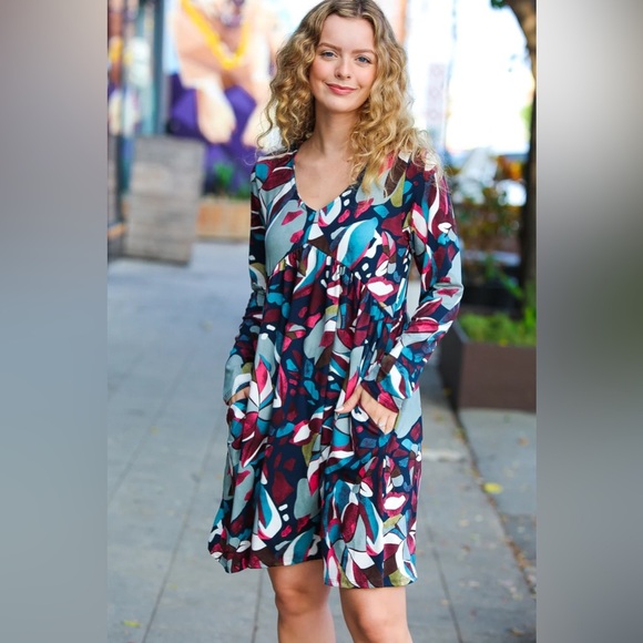 Bedazzle In Navy & Plum Abstract Print Side Pocket Dress - Picture 5 of 16